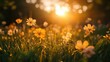 © Seyyar - Spring landscape showcasing vibrant flowers in lush green grass, illuminated by the warm glow of the setting sun.