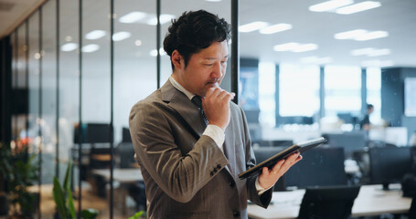 Aufkleber - Japan, business and man with tablet, thinking and internet with stock market, connection and network. Asian person, accountant and employee in modern office, communication and digital app for email