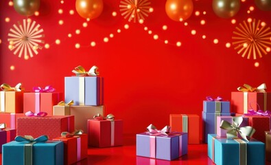 Festive scene, colorful gift boxes, red background, hanging lights, balloons, celebratory atmosphere, holiday decorations, vibrant colors, joyful mood.
