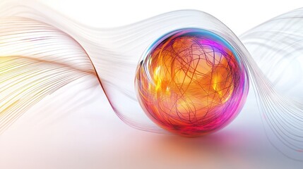 Poster - a quantum particle represented by a glowing orb, surrounded by intricate lines and wave patterns illustrating superposition and entanglement.