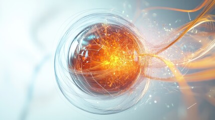 Poster - a quantum particle represented by a glowing orb, surrounded by intricate lines and wave patterns illustrating superposition and entanglement.