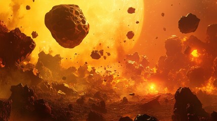Wall Mural - massive asteroid in shadow over distant planet atmosphere