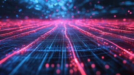 Poster - neon lines and points, symbolizing the quantum field theory concept, with particles moving through the grid,