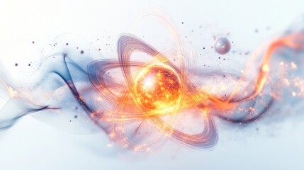 Fototapete - A glowing atom-like structure with swirling particles and energy waves, symbolizing quantum mechanics