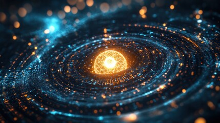 Poster - A glowing quantum particle suspended in space surrounded by a field of energy with intricate patterns