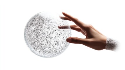 Poster - A human hand touching a transparent digital sphere filled with floating quantum particles,