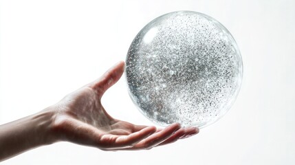 Poster - A human hand touching a transparent digital sphere filled with floating quantum particles,