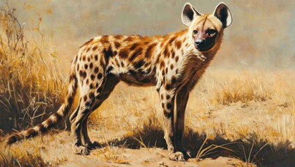 a spotted hyena standing in dry grass, gazing intently at the viewer.