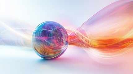 Poster - A smooth spherical object surrounded by quantum waves and light trails, representing the uncertainty principle,