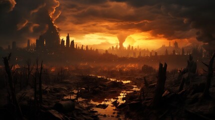 a depiction of a nuclear fallout landscape with a dramatic and eerie post apocalyptic theme featurin