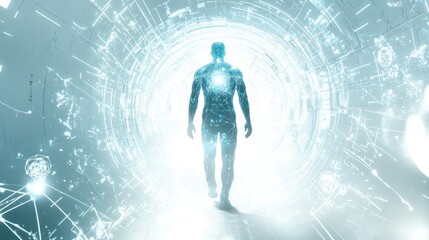 Poster - A human face dissolving into particles and data streams, illustrating the concept