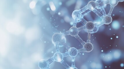 Poster - a DNA strand with transparent hexagonal elements interlinked around it in a network pattern on a light blue background
