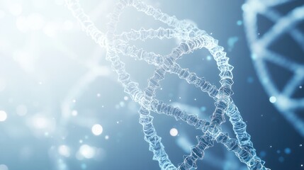 Poster - a DNA strand with transparent hexagonal elements interlinked around it in a network pattern on a light blue background