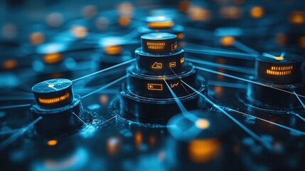 Poster - Abstract Digital Network with Connected Nodes and Illuminated Icons Representing Data Communication and Technology Innovations in a Futuristic Environment