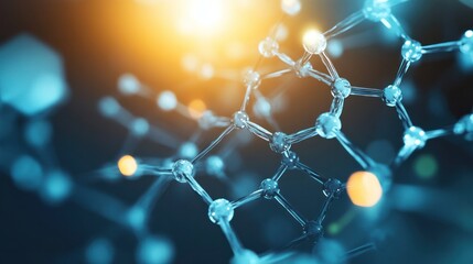 Poster - a DNA strand with transparent hexagonal elements interlinked around it in a network pattern on a light blue background