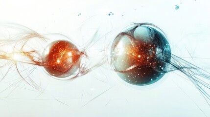 Poster - entanglement, with two interconnected spheres surrounded by light trails and geometric lines