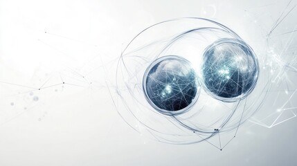 Poster - entanglement, with two interconnected spheres surrounded by light trails and geometric lines