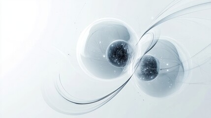 Poster - entanglement, with two interconnected spheres surrounded by light trails and geometric lines