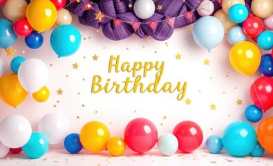 Party festive birthday backdrop photo zone with colourful balloons gold confetti and stars on plain background birthday backdrop Ultra realistic Photorealistic 