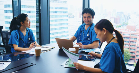 Aufkleber - Asian people, nurse or team with documents in meeting for medical discussion, planning or budget at hospital. Japan, group or healthcare employees with paperwork or laptop for clinic expenses or fund