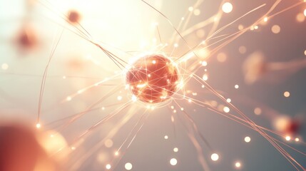 Poster - subatomic particles in motion, emitting a soft glow with dotted lines representing quantum fields