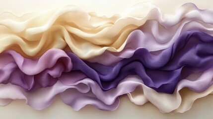 Poster - Elegant Waves of Soft Fabric Folds in Pastel Shades of Cream, Lavender, and Purple Artfully Laid Out in a Graceful Arrangement for Textile Inspiration