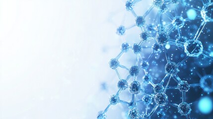 Poster - a DNA strand with transparent hexagonal elements interlinked around it in a network pattern on a light blue background