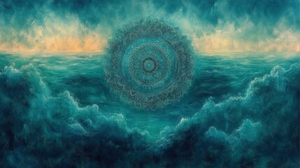 Poster - Serene Abstract Art Featuring Mandala Design Surrounded by Turquoise Waves and Golden Horizon in a Dreamy Atmosphere