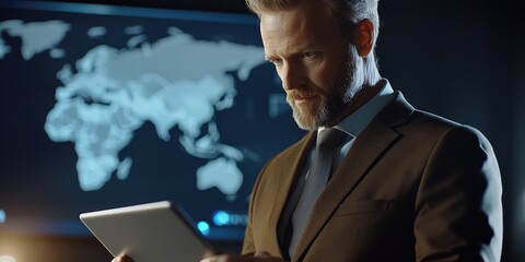 Poster - A businessman in a brown suit controlling global data with a tablet.