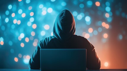 Wall Mural - a silhouetted figure in a dark room launching a ddos attack, representing the malicious intent and p