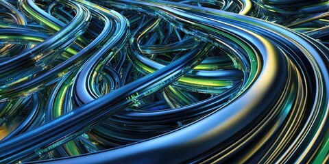 Poster - A digital transformation concept showing an abstract flow of data moving through interconnected nodes, symbolizing innovation in technology. The colors are sleek with blu