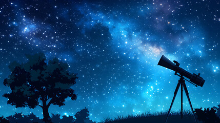 Poster - A silhouette of a person observing stars through a telescope under a starry night sky, with a tree in the foreground