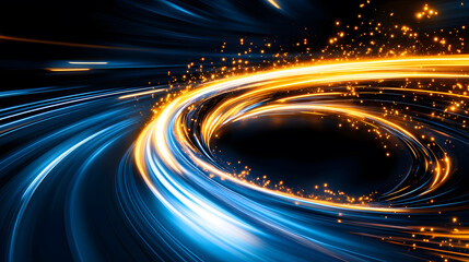Poster - A vibrant swirl of blue and orange light beams, suggesting motion, energy, and a cosmic theme with sparkling particles