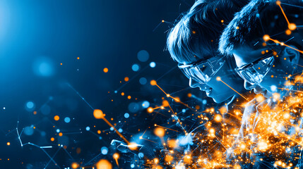Poster - Two individuals wearing glasses are immersed in a digital environment, surrounded by vibrant particles and light, symbolizing innovation and technology