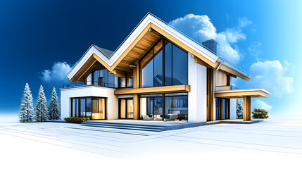 Poster - A modern, stylish house with large windows and wooden accents, set against a snowy landscape and blue sky, highlighting contemporary architecture