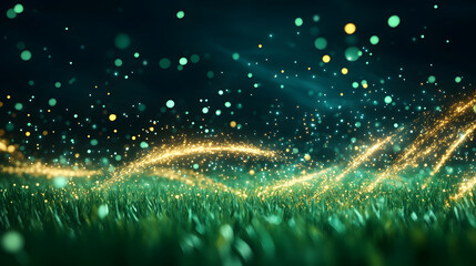 Poster - A mesmerizing scene of sparkling light and vibrant green grass, creating an enchanting atmosphere filled with dynamic energy