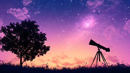 Poster - A serene twilight scene featuring a telescope and a tree under a starry sky, evoking a sense of wonder and exploration of the cosmos