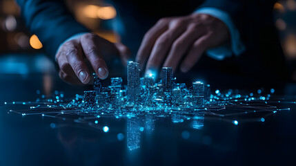 Poster - A businessman interacts with a holographic city model, showcasing advanced technology and urban planning in a futuristic setting