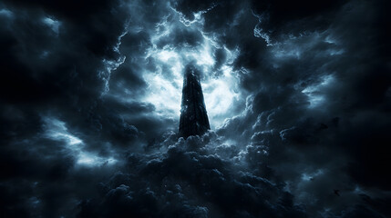 Poster - A dark, ominous tower rises through swirling clouds, illuminated by a mysterious light, creating a dramatic and eerie atmosphere
