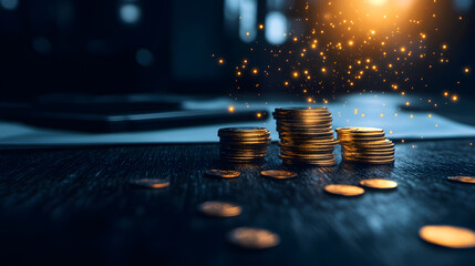 Poster - A close-up of stacked coins on a dark surface, illuminated by a warm light, creating a sparkling effect that enhances the theme of wealth and finance