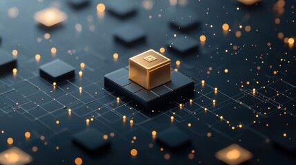 Poster - An abstract visualization of a blockchain network with nodes representing transactions and miners, showcasing the distributed and transparent nature of this technology.