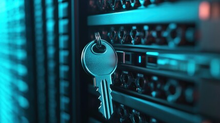 Poster - Server Room Close-Up with Metal Key Hanging from Rack Equipment