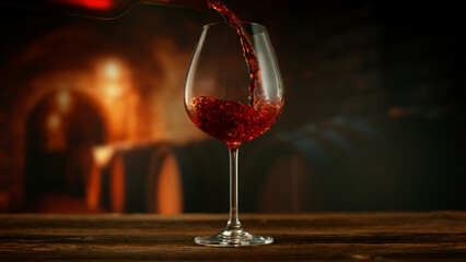 Wall Mural - Close-up of red wine pouring into glass in wine cellar , freeze motion.