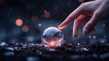 Poster - A hand reaching out to touch a glowing sphere of digital energy, symbolizing the potential for human interaction and creation within the digital realm.