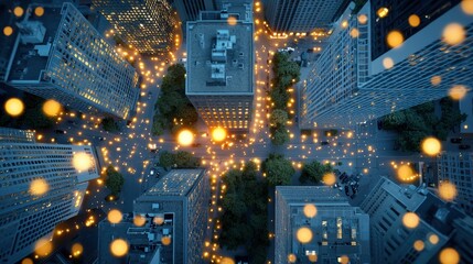 Poster - An aerial view of a city at night with glowing lines connecting buildings and devices, illustrating the concept of a connected urban environment.