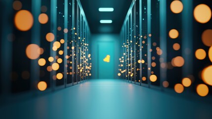 Poster - a server room with rows of glowing servers and network equipment, highlighting the physical infrastr
