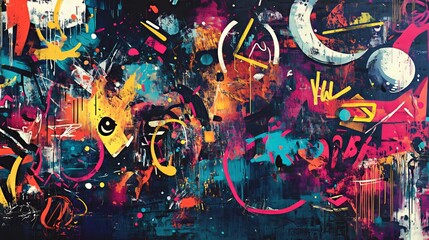Poster - A chaotic grunge art wall bursts with abstract shapes, neon colors, and dynamic graffiti elements.