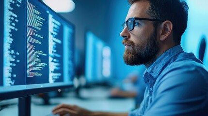 Poster - Modern workspace tech expert analyzing code and digital content