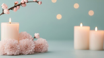 Poster - Tranquil candlelit arrangement with blossoms home decor aesthetic setting serenity