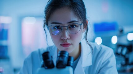 Poster - Researcher analyzing samples in a laboratory scientific study modern environment close-up